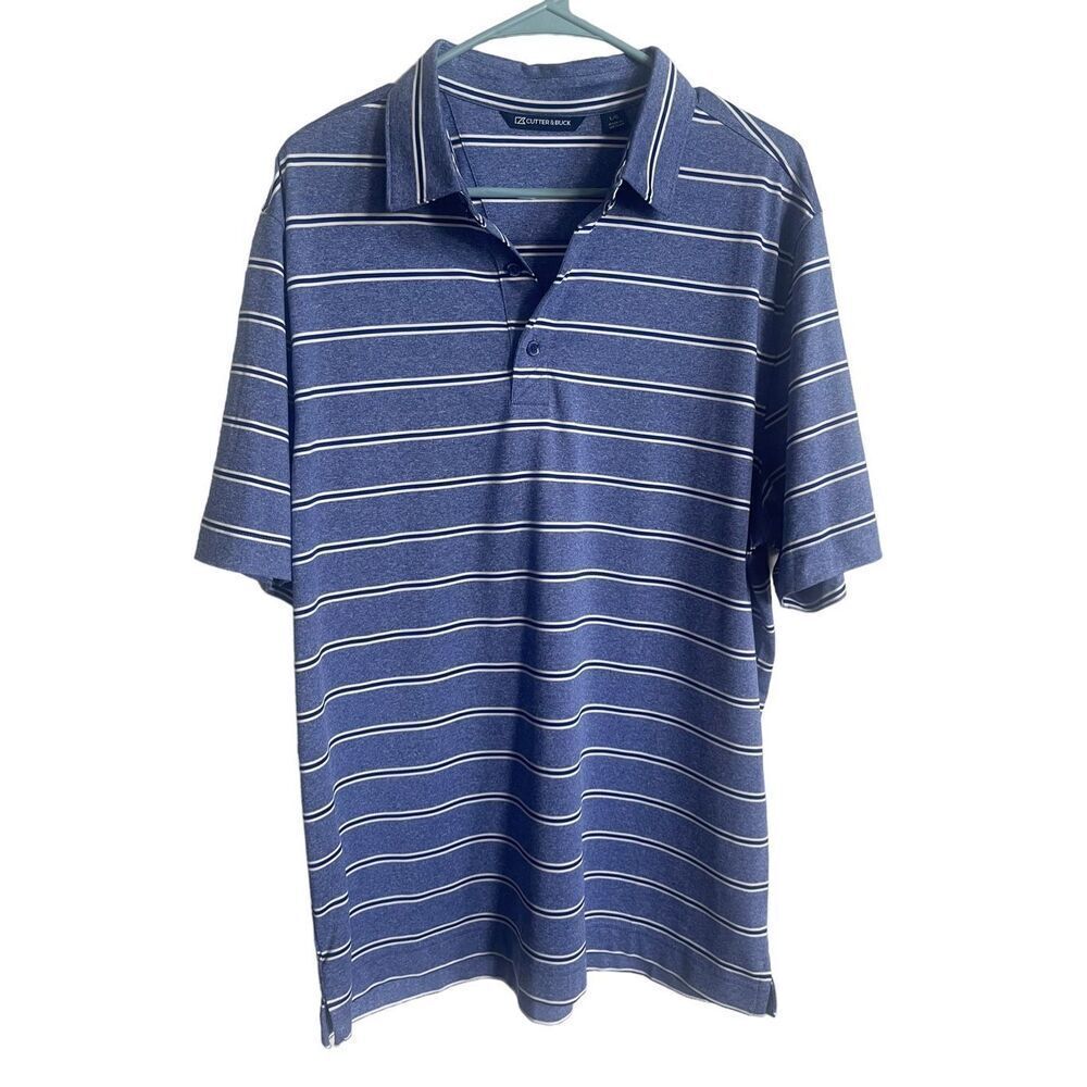 Cutter & Buck Men's Blue & White Striped Interform Classic Golf Polo Size Large